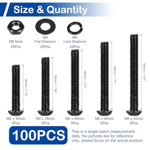 100 Pieces M6 Button Head Socket Cap Screws Nuts Washers Set Black - size: M6 x 30-50mm Kit
