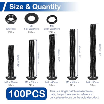 100 Pieces M6 Button Head Socket Cap Screws Nuts Washers Set Black - size: M6 x 30-50mm Kit