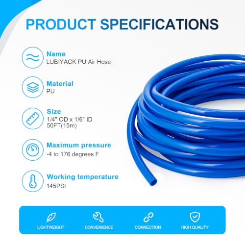 Blue PU Air Hose, 1/4" OD 1/6" ID, 50FT - color: Blue, size: 1/4" OD x 50FT