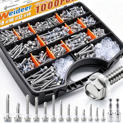 weideer 1000pcs Self Tapping Screws for Metal, #8#10#12#14,410 Stainless Steel Sheet Metal Screws Assortment Kit, Hex Washer Head Self Drilling Screw with Rubber Washer,Length 1/2" to 2'' - size: SV 1000PCS #8#10#12#14 Kit