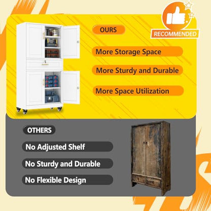 pozdeg 74" White Lockable Rolling Metal Garage Storage Cabinet - color: White, size: 15.74"D x 35.43"W x 74"H