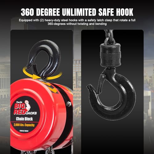 Big RED TR9010-7 Hand Chain Hoist: 2 Heavy Duty Hooks, Manual Chain Fall for Warehouse Building and Automotive Machinery, 1 Ton (2000 Lbs) Capacity,8ft/2.5m