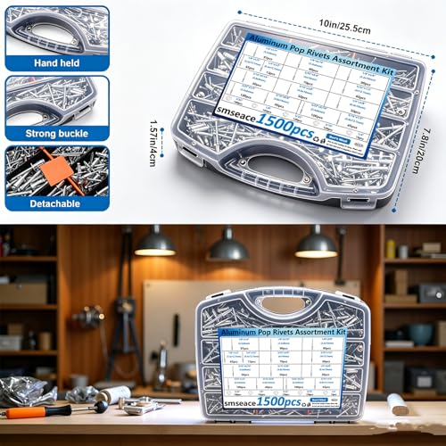 smseace 1500Pcs Aluminum Pop Rivets Kit with Washers in Handheld Box - color: Silver Aluminum, size: 1500pcs