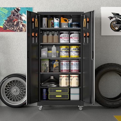 71" Metal Storage Cabinet with Wheels, 5 Adjustable Shelves, Black - color: Black, size: 18"D x 34"W x 71"H