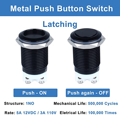 2-Pack 16mm Latching Metal Push Button Switch Waterproof IP66 Anti-Vandal IK09 for 5/8" Mounting Hole Screw Terminals 12V 24V 36V DC 110V 250V AC 5A 1NO Aluminium Alloy Black Shell - color: Black, size: 16mm 2pcs
