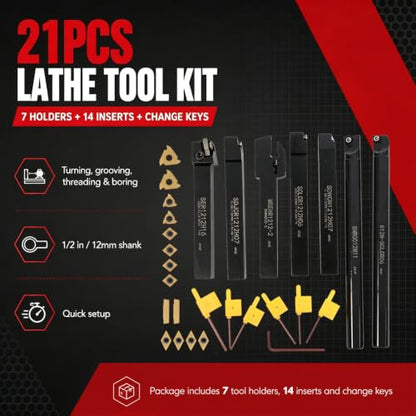 Nakkaa 21Pc Indexable Lathe Turning Tool Kit 1/2" Shank for Turning Boring - size: 7pcs 1/2" 12mm holder+14pcs inserts