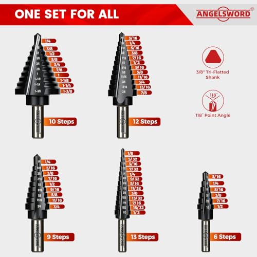ANGELSWORD Step Drill Bits, 50 Sizes, 5PCS M35 TiAlN Coated Step Drill Bit Set for Stainless Steel, High Carbon Steel, Hard Material and Sheet Metal, with Aluminum Case - style: M35 5 PC Set