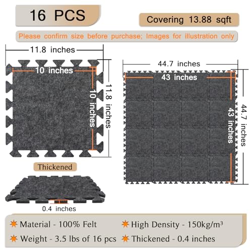 TroyStudio Thick Sound Absorbing Interlocking Floor Mats, 16 Pcs 11x 11 x 0.4 inches High Density Piano Carpet Drum Rug, Non-Slip Anti Vibration Soundproof Pads Acoustic Blankets for Music Studio M - color: Gray, 16 Pcs, size: 0.4" Thickness