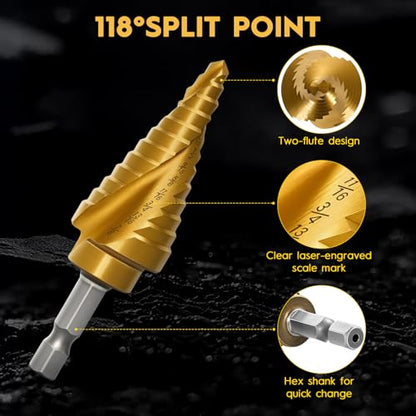3PCS Titanium Step Drill Bit - HSS Step Bit Set with Two Spiral Grooved - color: 3Pcs Spiral