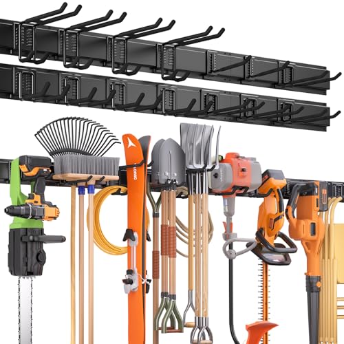 99 Inches Garage Storage, UUP Garage Organization, Wall Mount Garden Tool Organizer, Max 1000lbs Adjustable Metal Hook, Yard Shed Hanging Utility Rack, Heavy Duty Shelving for Rake Broom Mop Snowboard - size: 99" with 6 Panels & 14 Hooks