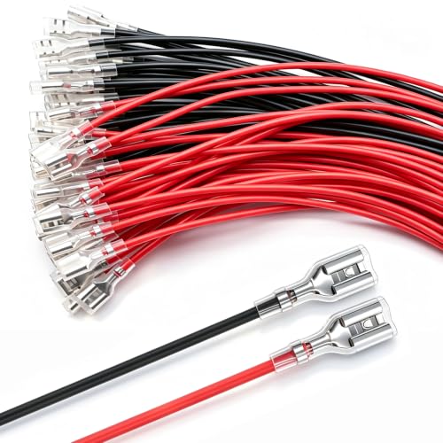 Twidec/20PCS 6.3mm Female Spade Crimp Terminal,Electrical Insulated Terminals with 20cm Cable,Quick Connectors with Insulating Sleeve Red＆Black Female Spade Connectors Assortment Kit - size: 6.3mm