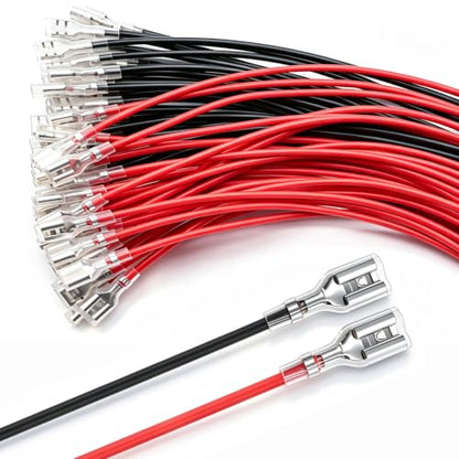 Twidec/20PCS 6.3mm Female Spade Crimp Terminal,Electrical Insulated Terminals with 20cm Cable,Quick Connectors with Insulating Sleeve Red＆Black Female Spade Connectors Assortment Kit - size: 6.3mm