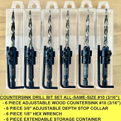 FTG USA 6 Pc #10 (3/16") Countersink Drill Bit Set with Tapered Drill Bits - size: #10, style: Same Sort 6 Pc