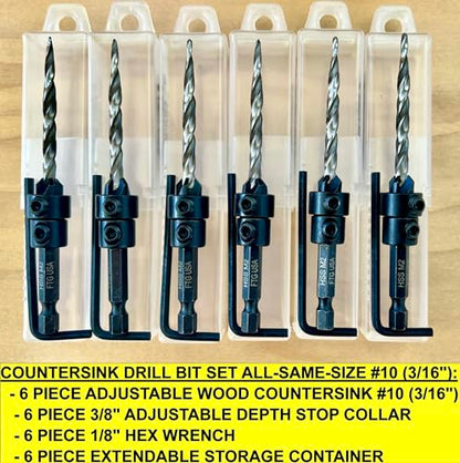 FTG USA 6 Pc #10 (3/16") Countersink Drill Bit Set with Tapered Drill Bits - size: #10, style: Same Sort 6 Pc