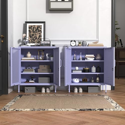 Purple Lockable Mesh & Metal Door Storage Cabinet, 3-Tier Heavy Duty Steel Locker with 2 Adjustable Shelves, Accent Cabinet for Living Room, Home Office, 33" H x 29.5" W x 13.8" D - color: Lilac, style: Cabinet-33"H-SW