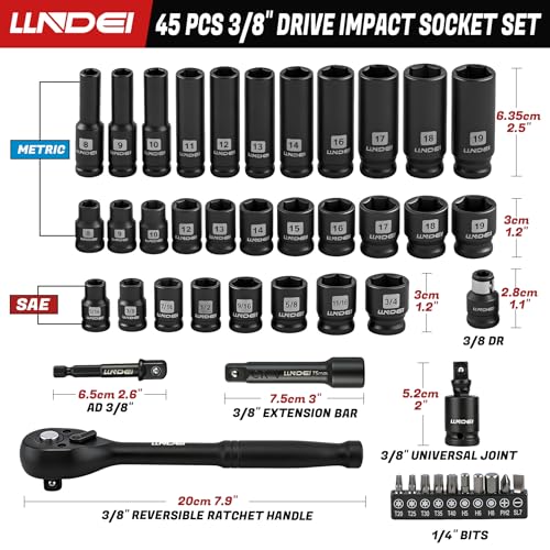 3/8" Drive Impact Socket Set (Metric & Sae) 45Pcs Transparent Case