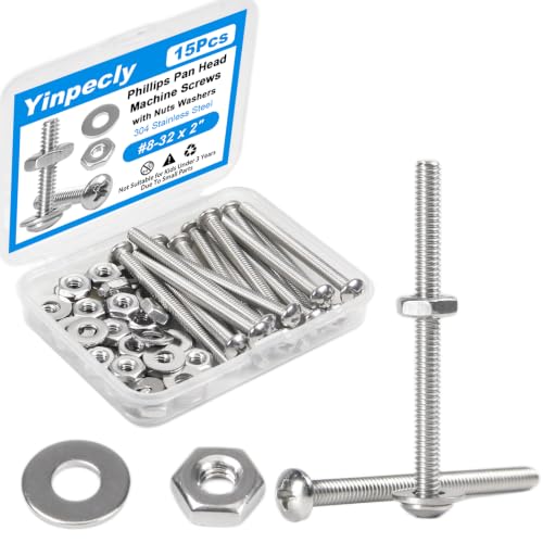 15 Sets #8-32 x 2 Pan Head Machine Screws Nuts Washers Kit - size: #8-32 x 2"