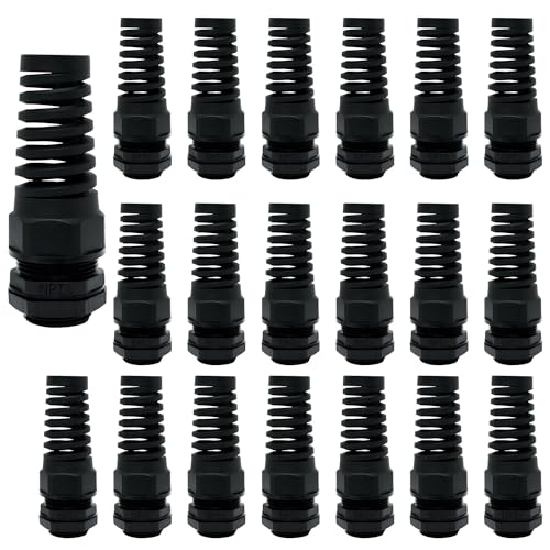 LeMotech 20Pcs NPT 1/2" IP68 Waterproof Cable Gland Flex Spiral Strain Relief Black Nylon Joint with Gaskets for 6-12mm Wire Thread - color: Black, size: NPT 1/2" (20-Pack)
