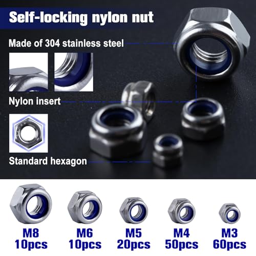 150 Pcs Metric Nylon Insert Hex Lock Nuts 304 Stainless Steel Locknuts Assortment Kit, M3 M4 M5 M6 M8 Standard Threaded Nylock Nuts for Screw Bolt, Self Locking Nuts Set with Storage Box - size: M3-M8