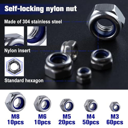 150 Pcs Metric Nylon Insert Hex Lock Nuts 304 Stainless Steel Locknuts Assortment Kit, M3 M4 M5 M6 M8 Standard Threaded Nylock Nuts for Screw Bolt, Self Locking Nuts Set with Storage Box - size: M3-M8