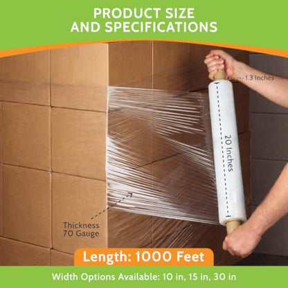PSBM Stretch Film/Wrap with Extended Core Handles, 4 Rolls 20" x 1000 Feet 70 Gauge, Heavy Duty Up to 600% Industrial Strength Clear Shrink/Plastic Wrap for Packing, Shipping, Storage - size: 4 Pack, style: 70 Gauge