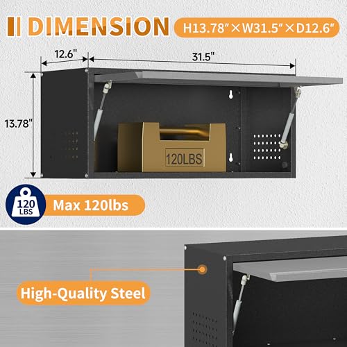 Metal Garage Wall Cabinet with Up-Flip Door,Wall-Mounted Steel Storage Cabinet, Float Tool Cabinet with Pegboard,Upper Cabinet for Kitchen,Garage,Workshop,Warehouse(13.8" H,Black&Gray) - color: Black&gray, size: 13.8"H Wall Cabinet(1-Door)