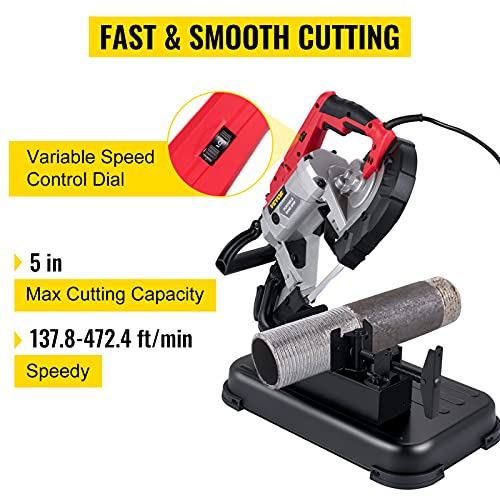 VEVOR Portable Band Saw, 110V Removable Alloy Steel Base 5 Inch Cutting Capacity Hand held Variable Speed Portable Bandsaw, 10Amp Motor Deep Cut Band saw for Metal Wood - style: with Base