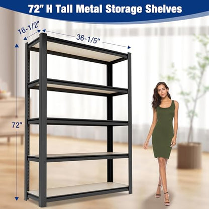 WORKPRO 5-Tier Black Shelving with Board, 36.2”Wx16.5”Dx72”H, 3000LBS Load - color: Black, size: 36.2"W x 16.5"D x 72"H