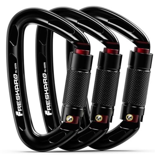FresKaro UIAA Certified 25KN Auto Locking Climbing Carabiner Clips, Twist Lock, and Heavy Duty Carabiners for Rock Climbing, Rappelling, and Mountaineering, D Shaped - color: 3PCS-BLACK