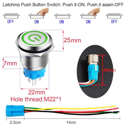 Gebildet 0.87''/22mm Stainless Steel Latching Push Button Switch SPDT 12V-24V/5A Power Symbol LED 1NO1NC ON/Off Waterproof Toggle Switch with Wire Socket Plug (Green LED) - color: green /12-24V