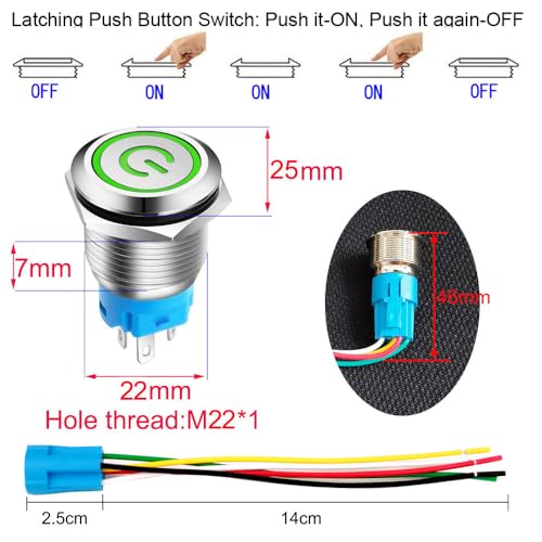 Gebildet 0.87''/22mm Stainless Steel Latching Push Button Switch SPDT 110V-220V/3A Power Symbol LED 1NO1NC ON/Off Waterproof Toggle Switch with Wire Socket Plug (Green LED) - color: green /110-220V