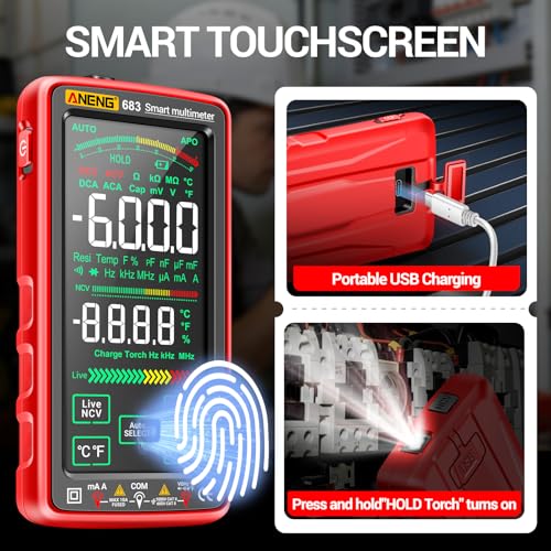 Smart Multimeter, Digital Multimeter Tester with Touch Screen 6000 Counts Auto Ranging Rechargeable A Reverse Display NCV Tester with Flashlight for Electricians, DIY (Red) - color: Red