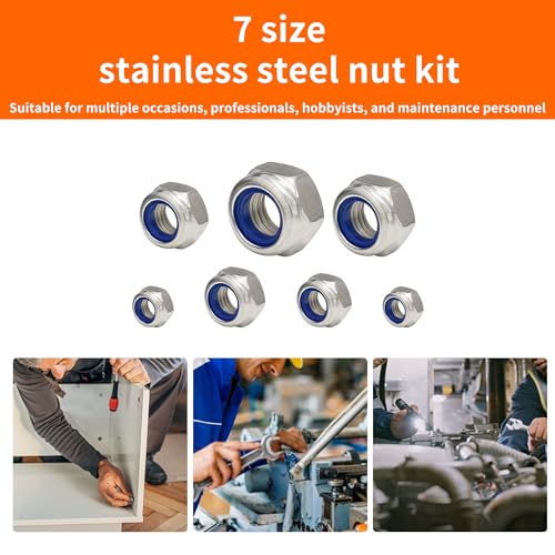 200pcs 304 Stainless Steel Nylon Insert Lock Nut Assortment Kit M2-M8