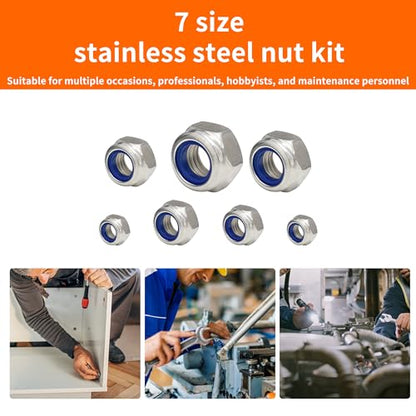 200pcs 304 Stainless Steel Nylon Insert Lock Nut Assortment Kit M2-M8
