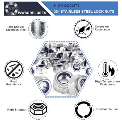 M6-1.0 Nylon Insert Lock Nuts 160 Pack, 304 Stainless Steel Hardware Nuts - size: M6-1.0 (160 Pcs)