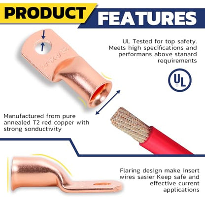 haisstronica 240PCS Battery Cable Lug & Heat Shrink Kit AWG 8/6/4/2/0/00 - color: Bare Copper, size: 240 PCS