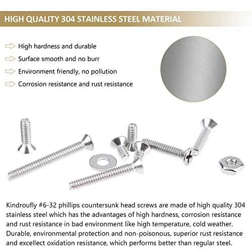 242 Pieces #6-32x 1/4", 5/16", 3/8", 1/2", 5/8", 3/4", 1", 1-1/4", Phillips Countersunk Head Machine Screws Nuts Washers Assortment Kit, 304 Stainless Steel, Fully Machine Thread - size: #6-32