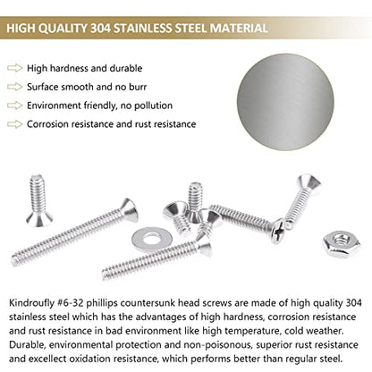 242 Pieces #6-32x 1/4", 5/16", 3/8", 1/2", 5/8", 3/4", 1", 1-1/4", Phillips Countersunk Head Machine Screws Nuts Washers Assortment Kit, 304 Stainless Steel, Fully Machine Thread - size: #6-32