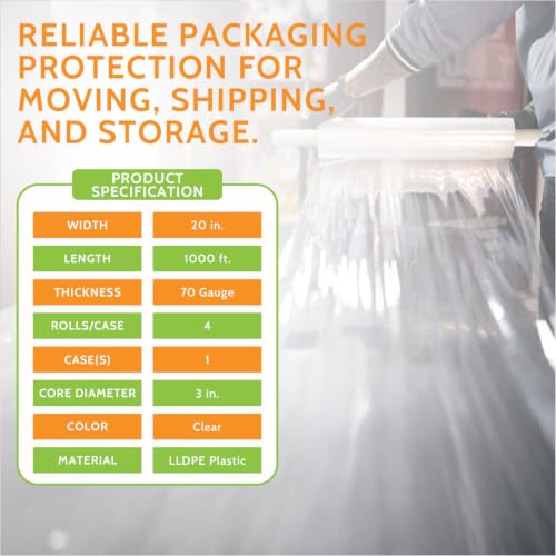 PSBM Stretch Film/Wrap with Extended Core Handles, 4 Rolls 20" x 1000 Feet 70 Gauge, Heavy Duty Up to 600% Industrial Strength Clear Shrink/Plastic Wrap for Packing, Shipping, Storage - size: 4 Pack, style: 70 Gauge