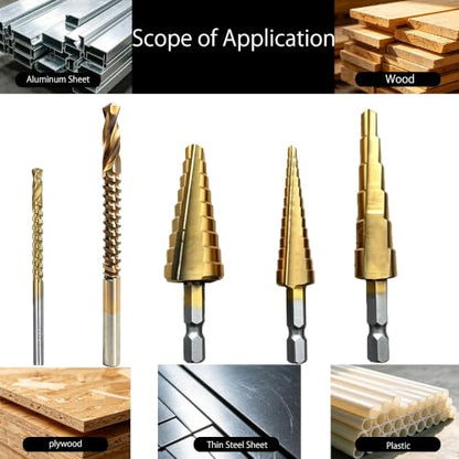 Titanium Coated Step Drill Bit and HSS Twist Drill Bit Set 5pcs,Multi Size （1/8" to 3/4"） for Wood，Sheet Metal，Aluminum and Plastic Hole Drilling Cutting,with Portable Bag for DIY Lovers