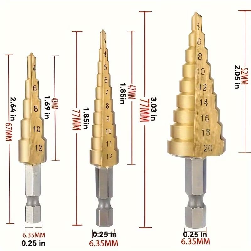 3 Piece Step Drill Bit Set Hex Shank Multi Size for Metal Plastic Wood Sheet Drilling Hole Enlarging Countersinking Deburring, 3Pcs