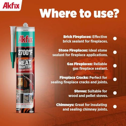 Akfix Heat Fighter Black Fireplace Sealant - 2700 °F (12x10.1 oz.) - Heat Resistant Fireplace Stove Caulk for Chimneys, Ovens, Grills, Wood Stoves | Non-Flammable, Quick-Drying & Paintable Cartridge - size: 12 Pack