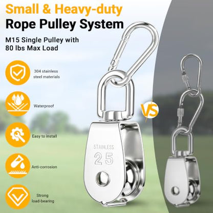 M25 Stainless Steel Pulley System Kit,Pulley Block with Nylon Rope | 2 Pack M25 Heavy Duty Pulleys Wheel with Rope Cleat, Eye Pad Plate and Hooks for Sun Shade Sail, Clothesline - size: 2P-M25