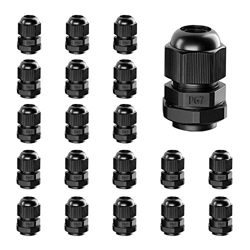 Cable Gland 20 Pack PG7 Waterproof Adjustable 3.5-6mm Nylon Cable Glands Joints with Gaskets, Black(PG7)