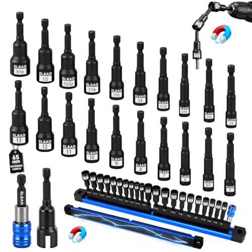 22-Piece Magnetic Nut Driver Set, Metric & SAE (5-13mm & 1/4"-9/16"), 65mm Long, 1/4" Hex Shank Drill Socket Set, Wing Nut-Driver Bit, Quick-change Extension, Magnetic Aluminum Storage Rail - color: 22-piece Nut Driver Set