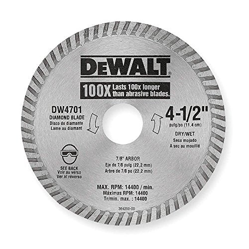DEWALT Diamond Blade, Dry or Wet Cutting, Continuous Rim, 7/8-Inch Arbor, 4-1/2-Inch (DW4701)