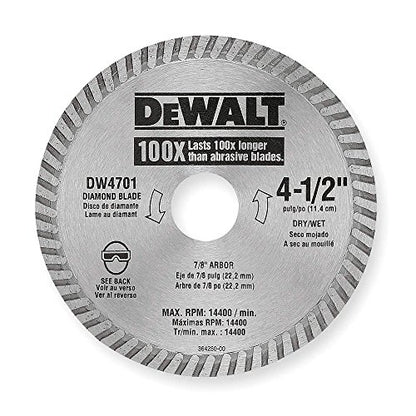 DEWALT Diamond Blade, Dry or Wet Cutting, Continuous Rim, 7/8-Inch Arbor, 4-1/2-Inch (DW4701)