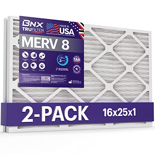 BNX 16x25x1 MERV 8 Air Filter 2 Pack - MADE IN USA - Electrostatic Pleated Air Conditioner HVAC AC Furnace Filters - Removes Dust, Mold, Pollen, Lint - size: 16x25x1 2-Pack