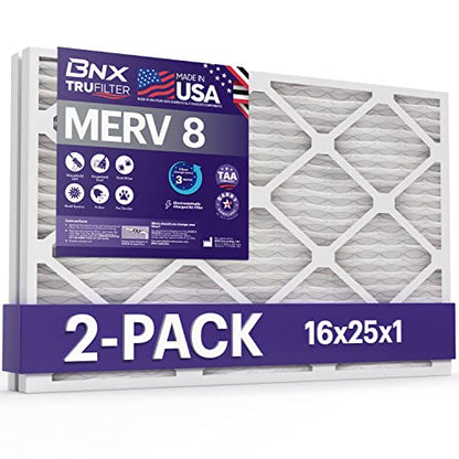 BNX 16x25x1 MERV 8 Air Filter 2 Pack - MADE IN USA - Electrostatic Pleated Air Conditioner HVAC AC Furnace Filters - Removes Dust, Mold, Pollen, Lint - size: 16x25x1 2-Pack