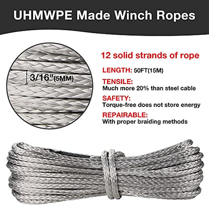 3/16" Synthetic Winch Rope 50 ft 8,500 lb UHMWPE Winch Cable Replacement Kit with Protective Sleeve, Thimble, Compatible with ATV UTV Truck Winches, Gray - color: Gray, size: 3/16 In x 50 Ft Standard